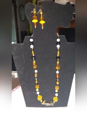Handcrafted One Of a Kind Amber and Black Beaded Necklace with Matching Earrings